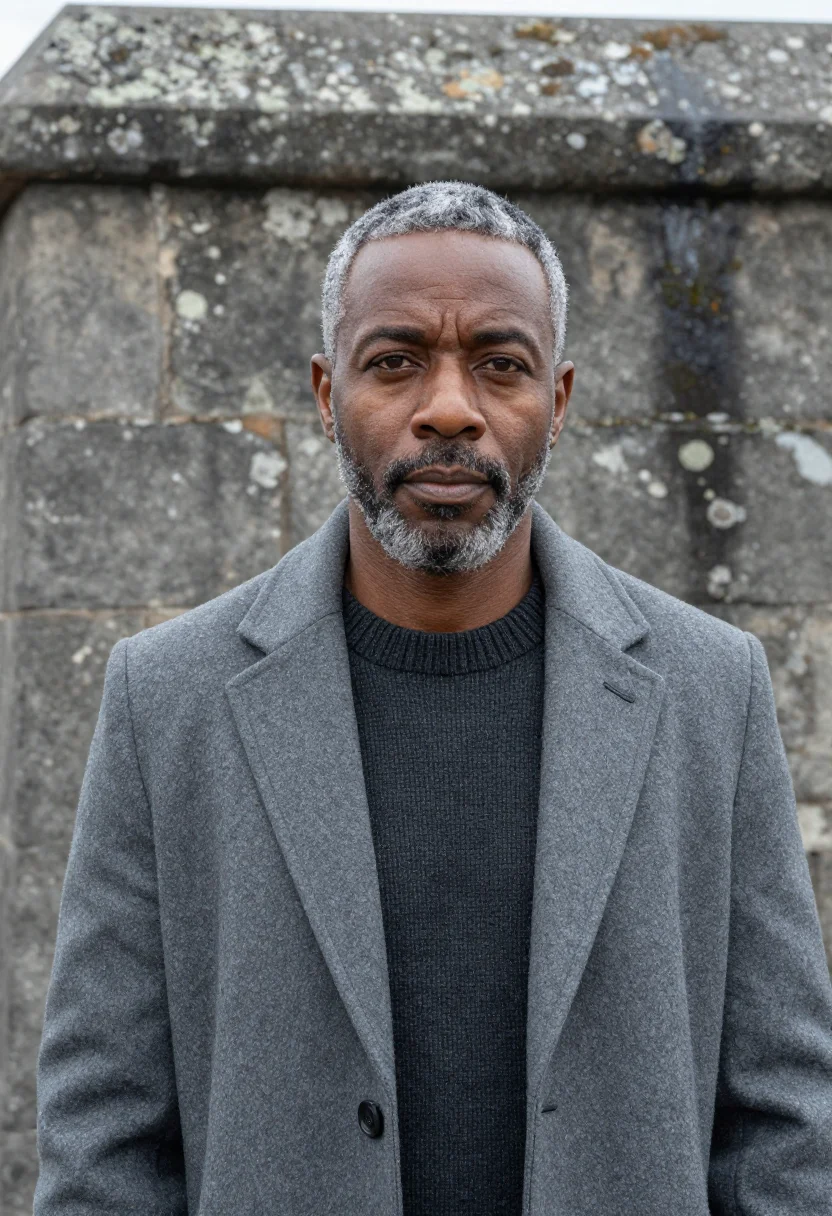 AI cap haitien historian citadel grey stone sample — portrait of a man, a historian in his early fifties with dee