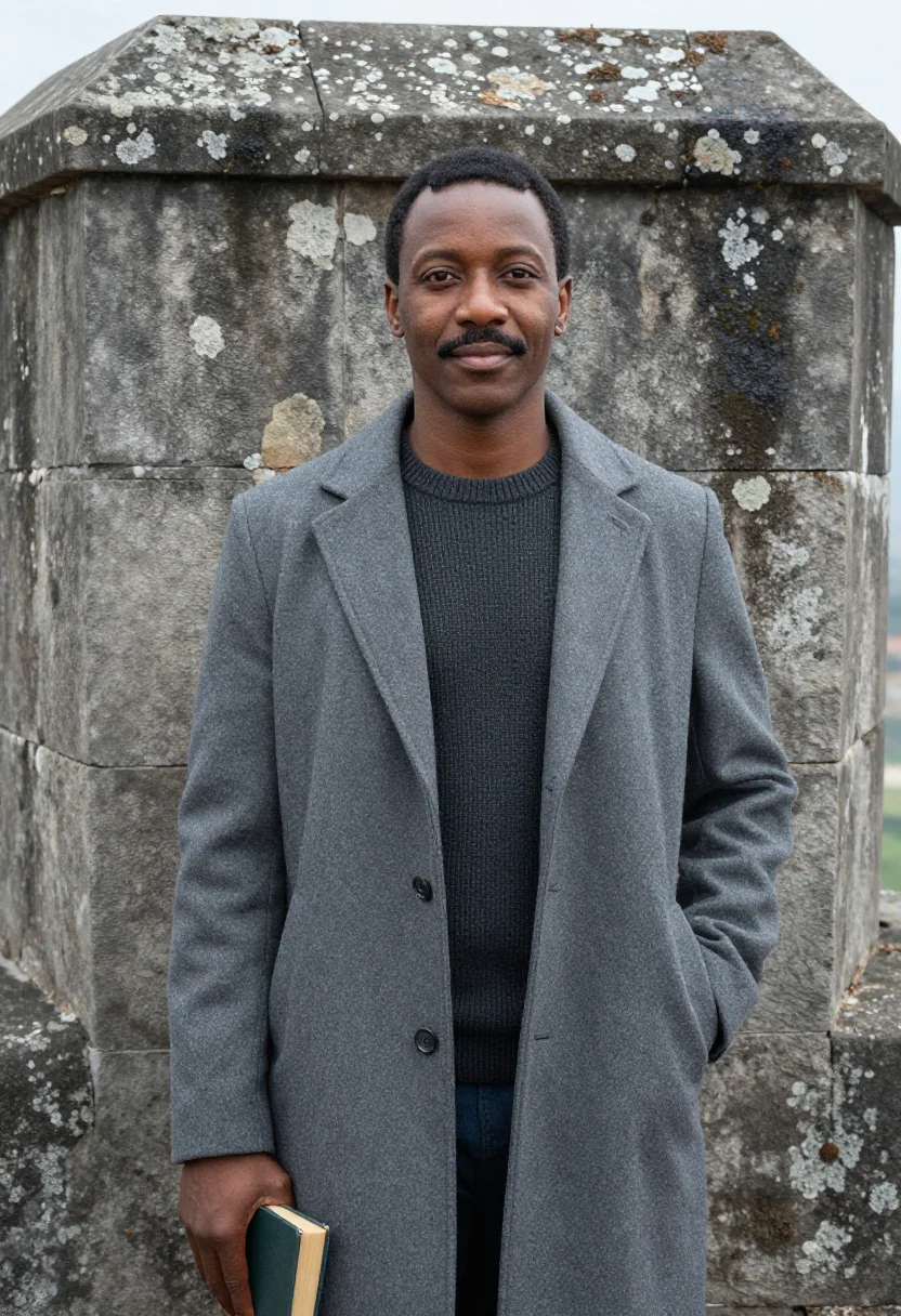 AI cap haitien historian citadel grey stone sample — portrait of a man, a historian in his mid-forties with warm