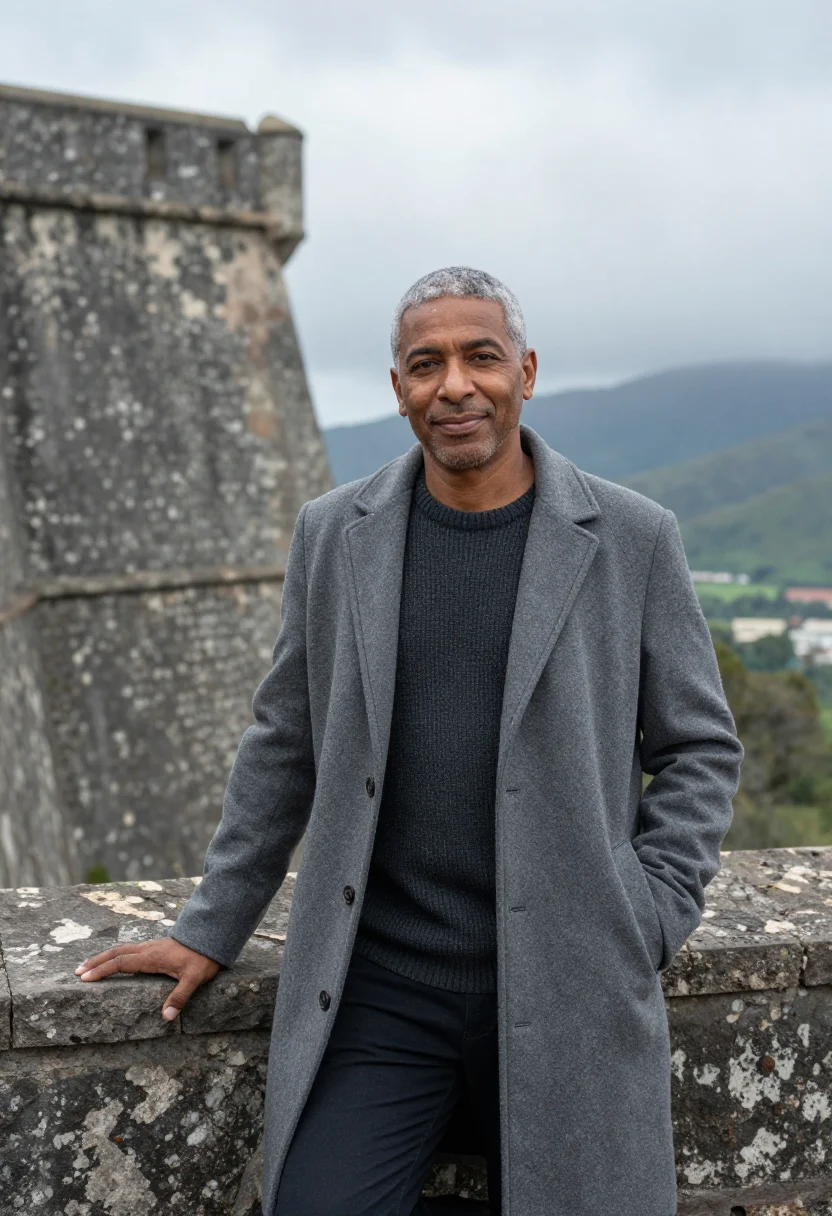 AI cap haitien historian citadel grey stone sample — portrait of a man, a historian in his early fifties with war