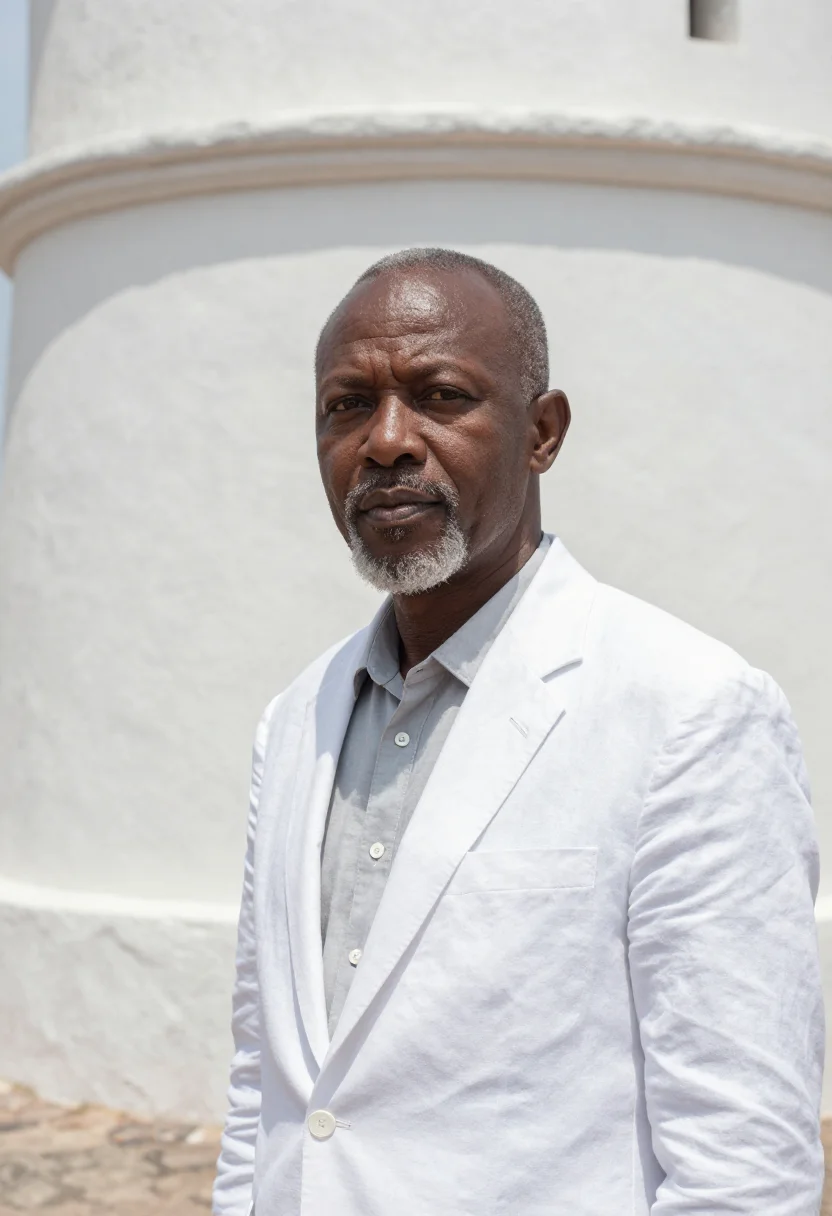 AI cape coast historian castle white fort sample — portrait of a man, a Ghanaian historian in his mid-sixties w