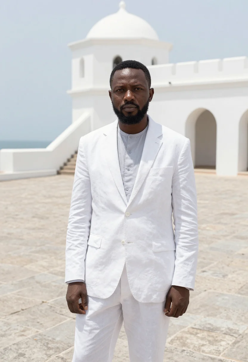 AI cape coast historian castle white fort sample — portrait of a man, a Nigerian historian in his mid-forties w