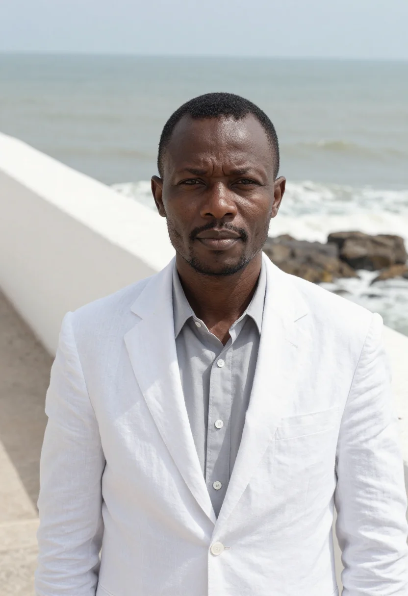 AI cape coast historian castle white fort sample — portrait of a man, a Ghanaian historian in his late thirties