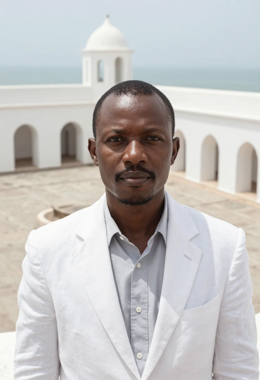 AI cape coast historian castle white fort sample — portrait of a man, a Ghanaian historian in his early forties