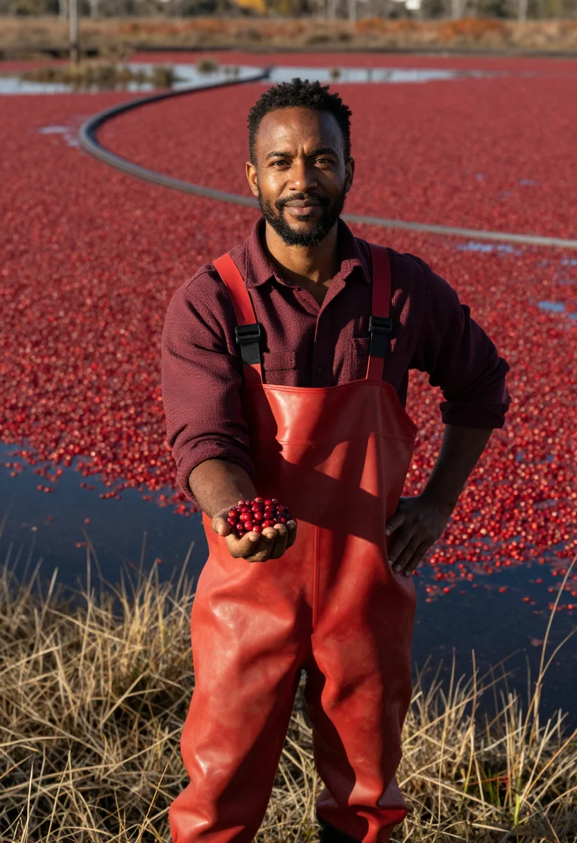 AI cape cod cranberry grower crimson sample — portrait of a man, Cape Verdean-American, in his early forti