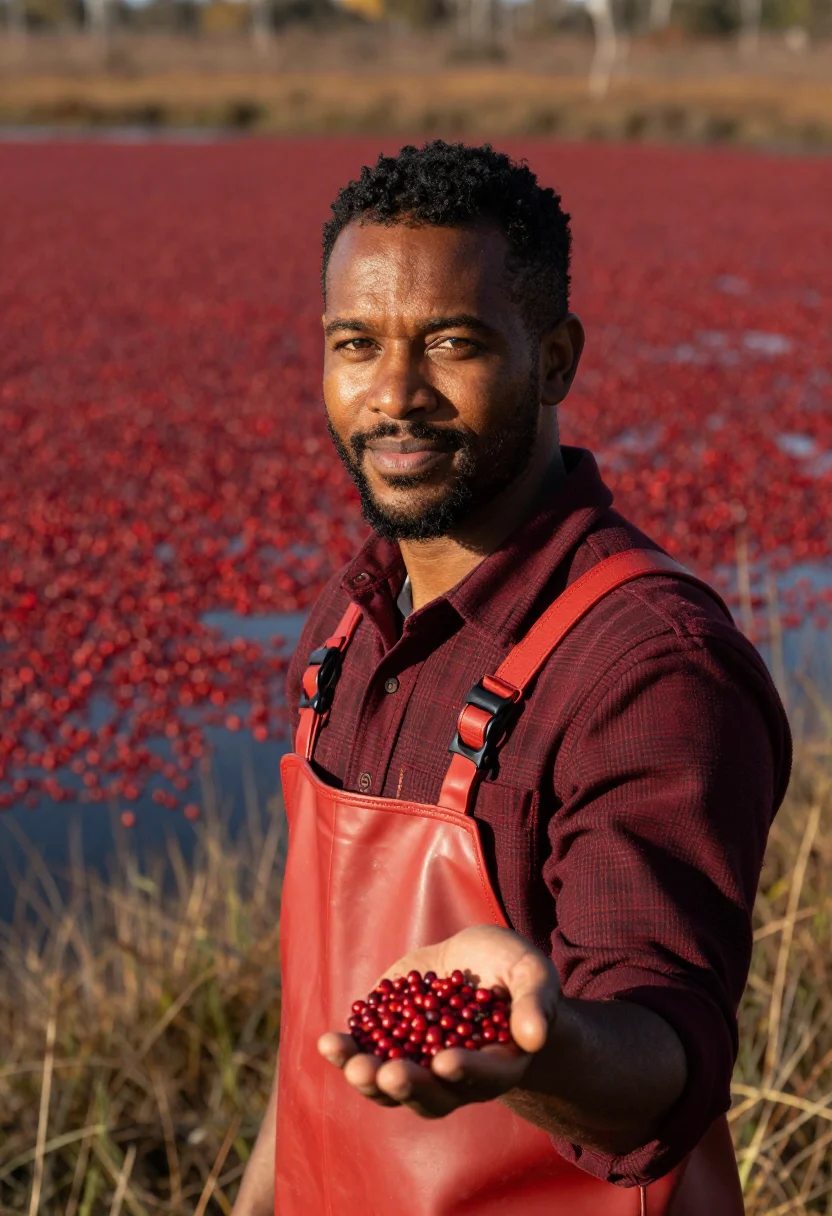 AI cape cod cranberry grower crimson sample — portrait of a man, Cape Verdean-American, in his early forti