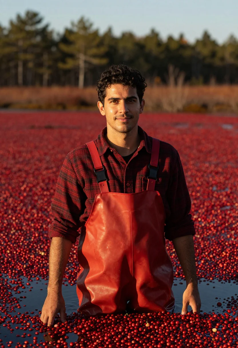 AI cape cod cranberry grower crimson sample — portrait of a man, of Portuguese-American descent, in his la