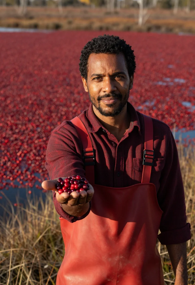 AI cape cod cranberry grower crimson sample — portrait of a man, Cape Verdean-American, in his early forti