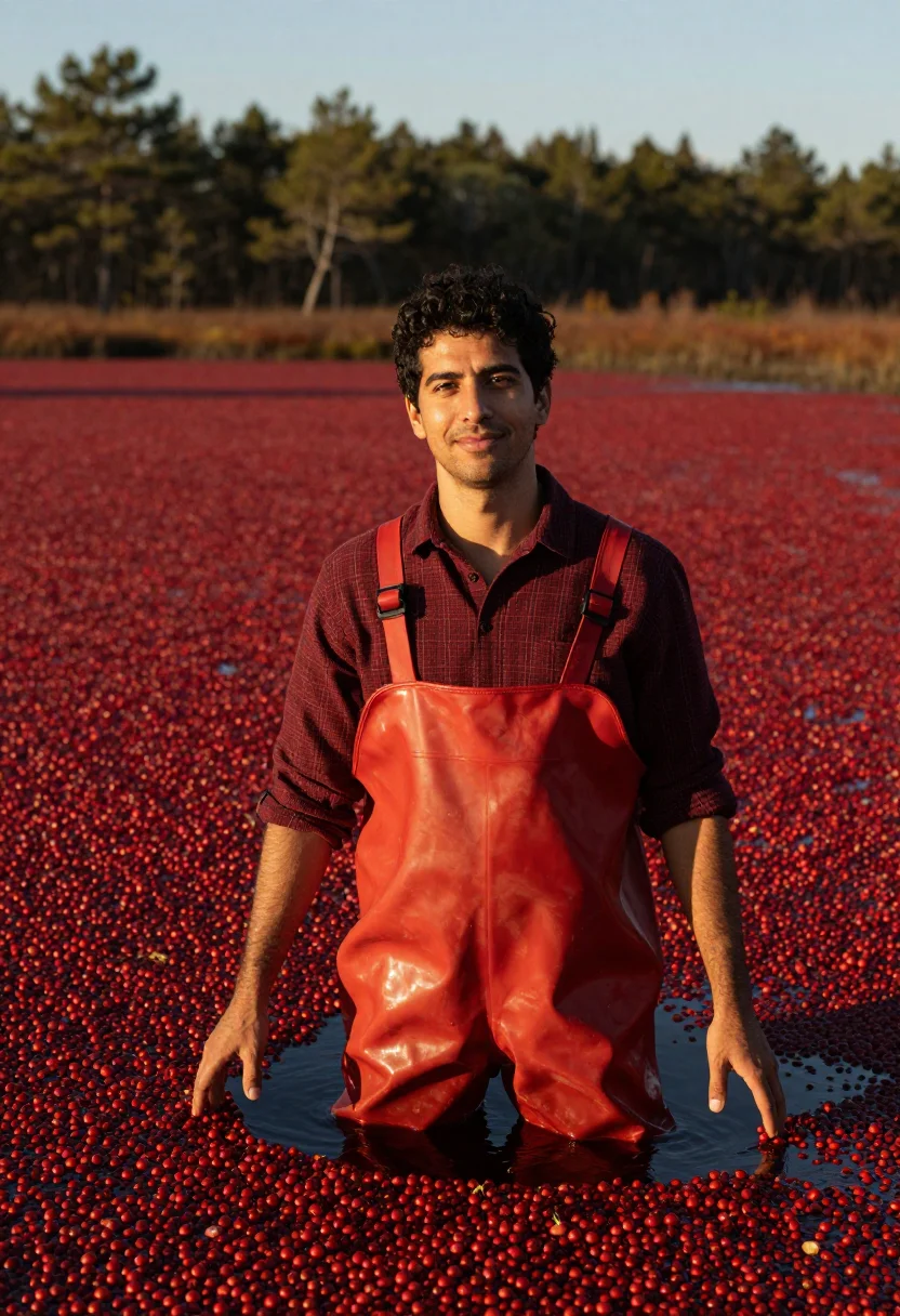 AI cape cod cranberry grower crimson sample — portrait of a man, of Portuguese-American descent, in his la