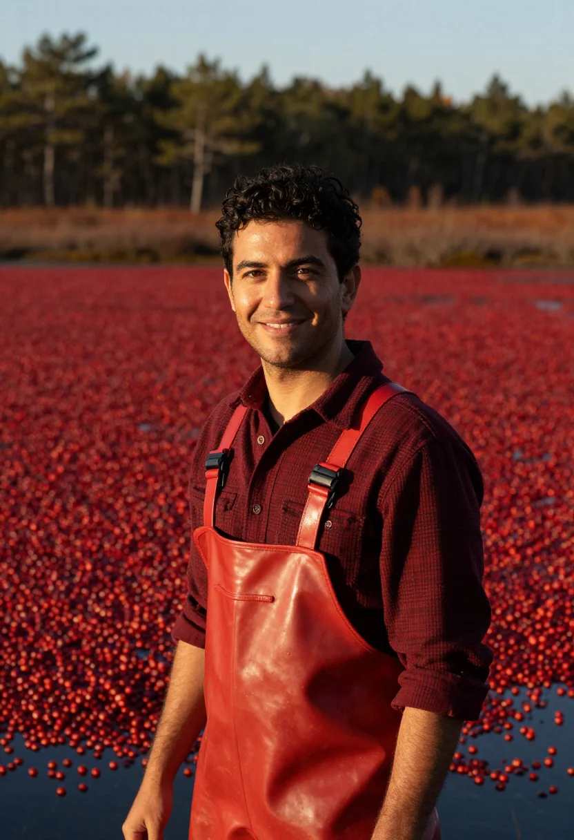 AI cape cod cranberry grower crimson sample — portrait of a man, of Portuguese-American descent, in his la