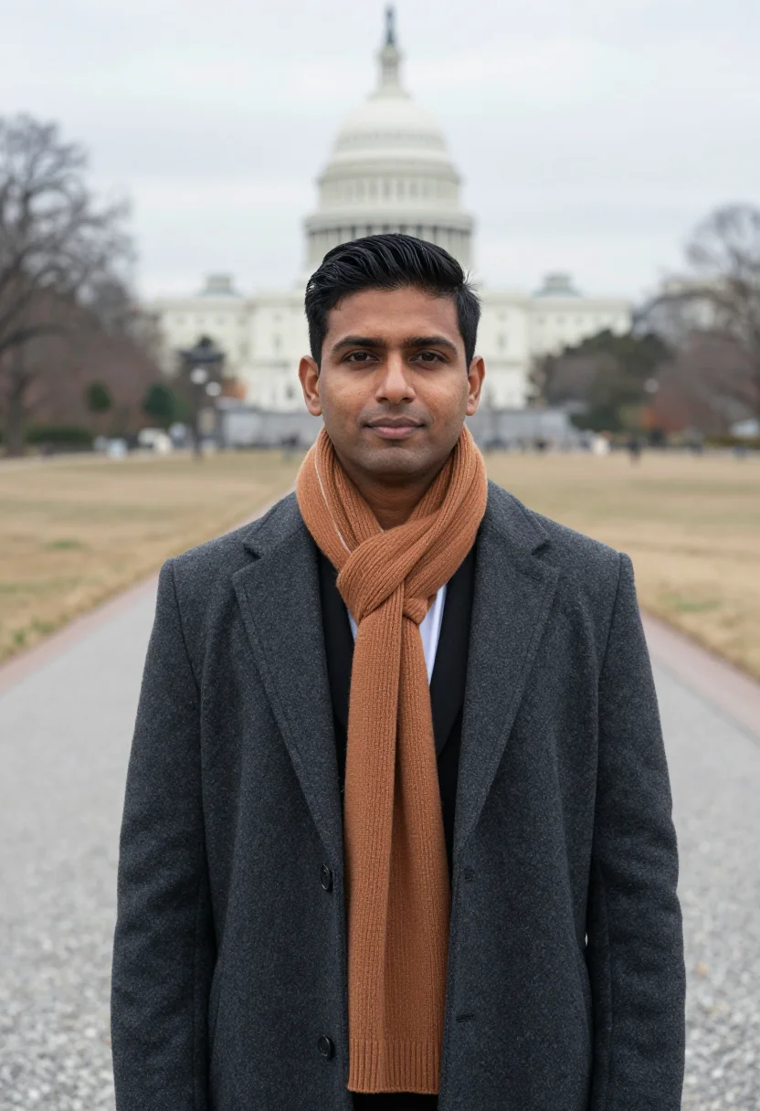 AI capitol hill staffer ochre sample — portrait of a man, chest-up portrait of a South-Asian man in