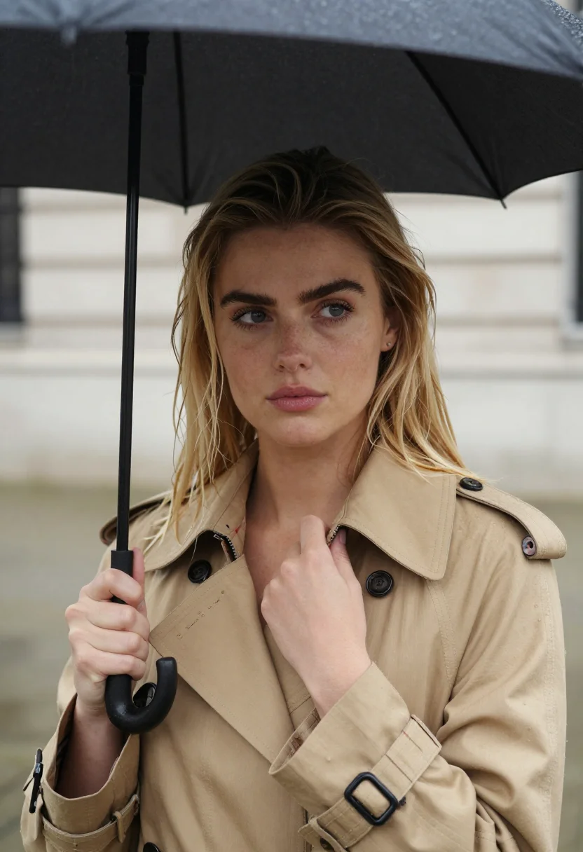 AI cara delevingne burberry sample — portrait of a woman, framed as a close head-and-shoulders po
