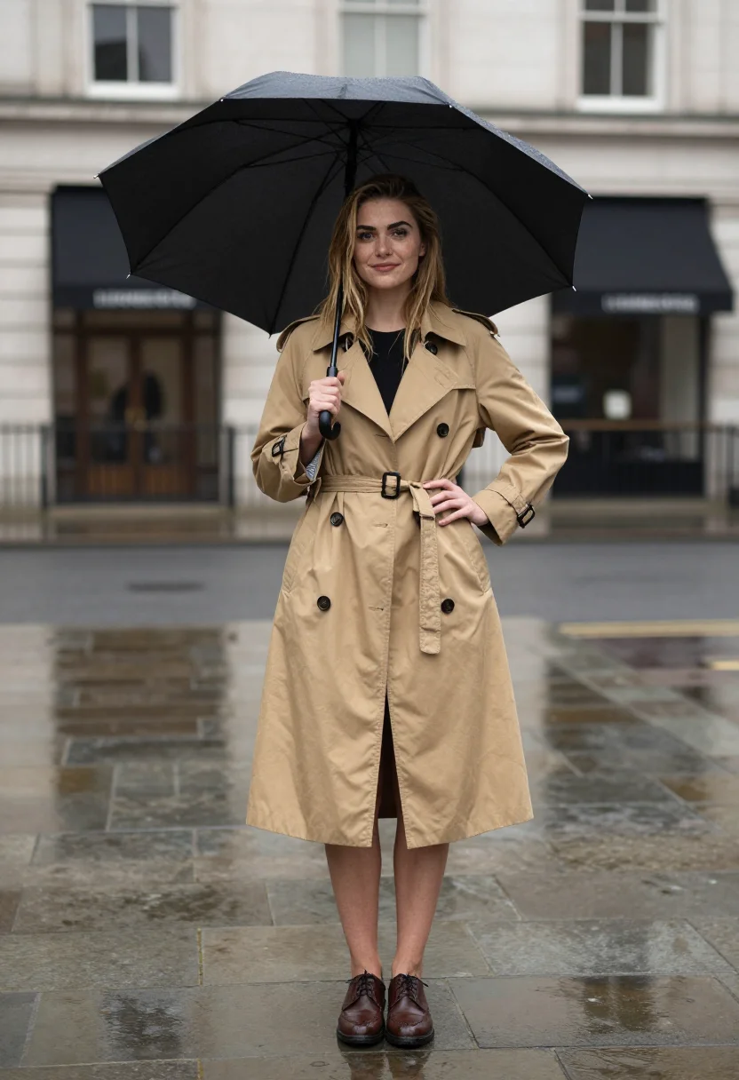 AI cara delevingne burberry sample — portrait of a woman, framed full length from below chest hei