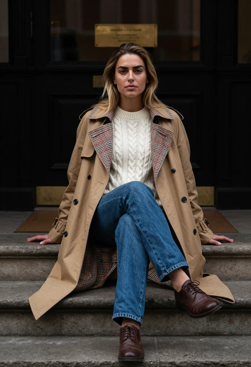 AI cara delevingne burberry sample — portrait of a woman, framed from the crown to the knee: a No