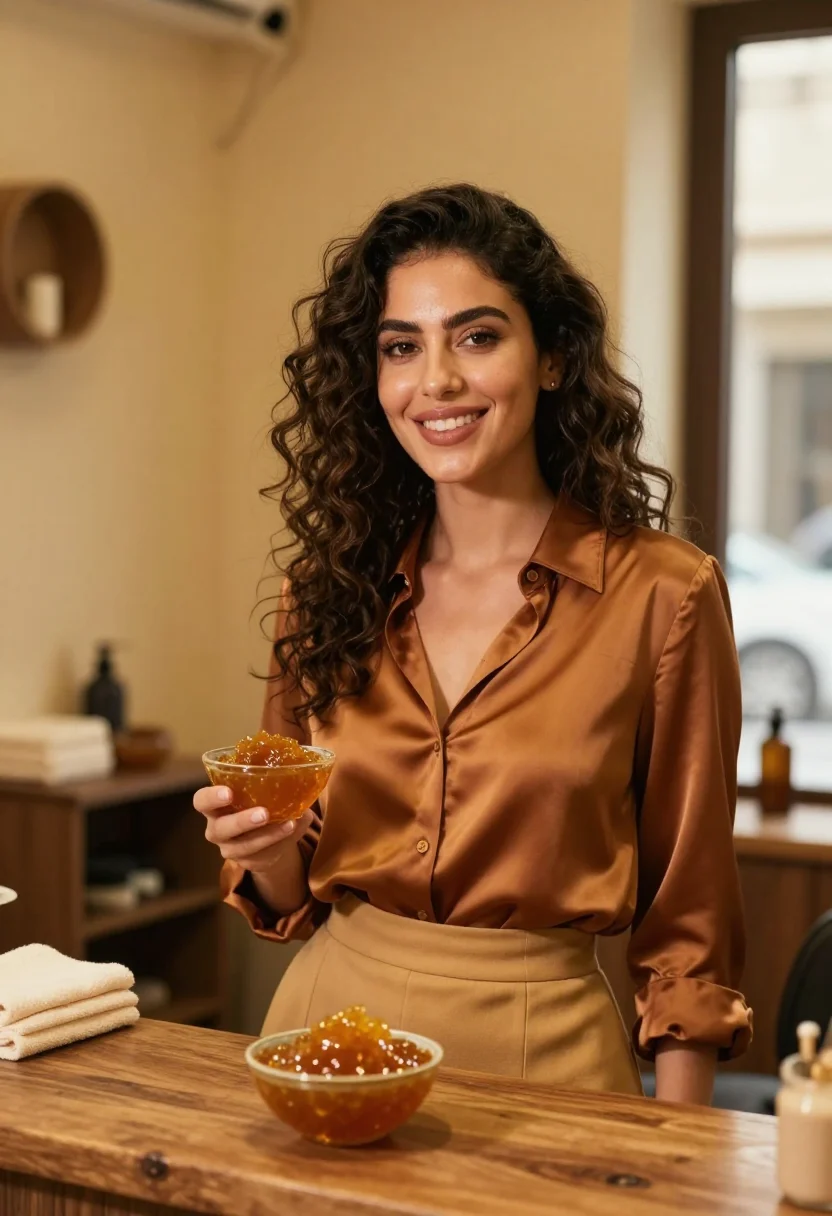 AI caramel beirut salon honey sample — portrait of a woman, a Lebanese woman in her early forties w