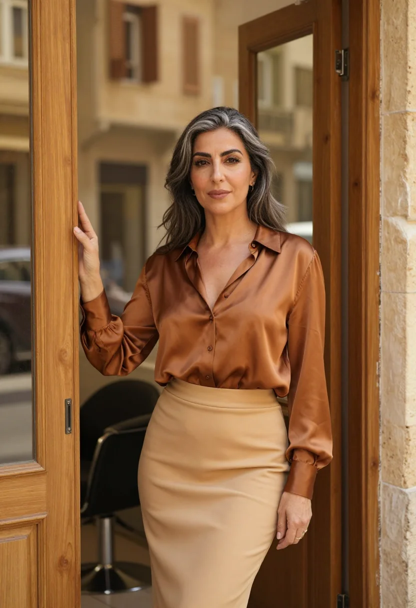 AI caramel beirut salon honey sample — portrait of a woman, a Lebanese woman in her early fifties w