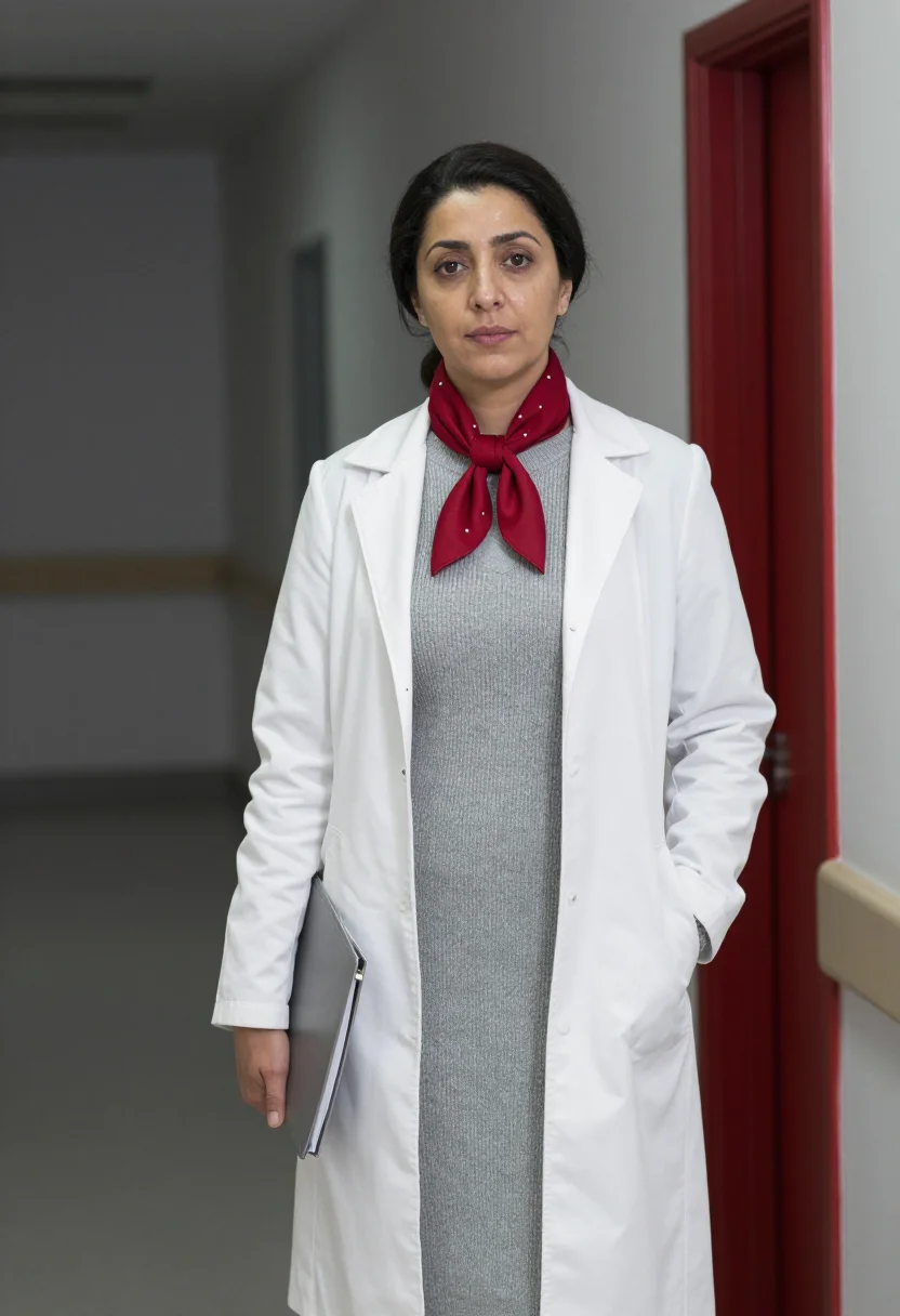 AI cardiologist red accent sample — portrait of a woman, framed three-quarter length, cropped at