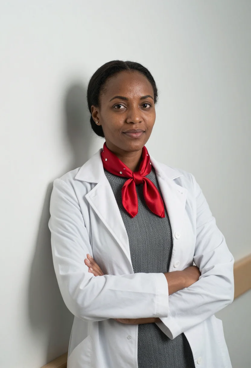 AI cardiologist red accent sample — portrait of a woman, framed half-length, cropped at the wais