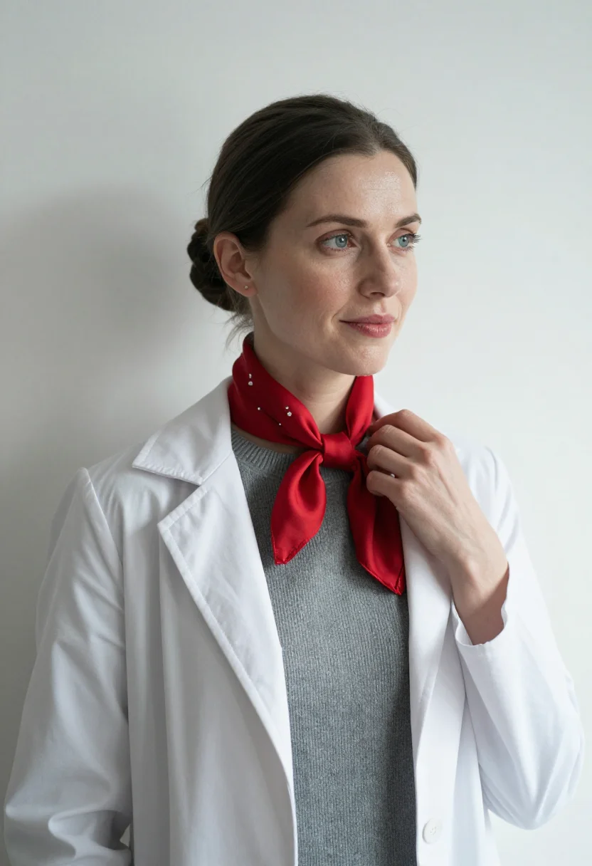 AI cardiologist red accent sample — portrait of a woman, framed chest-up, cropped at the ribs, t
