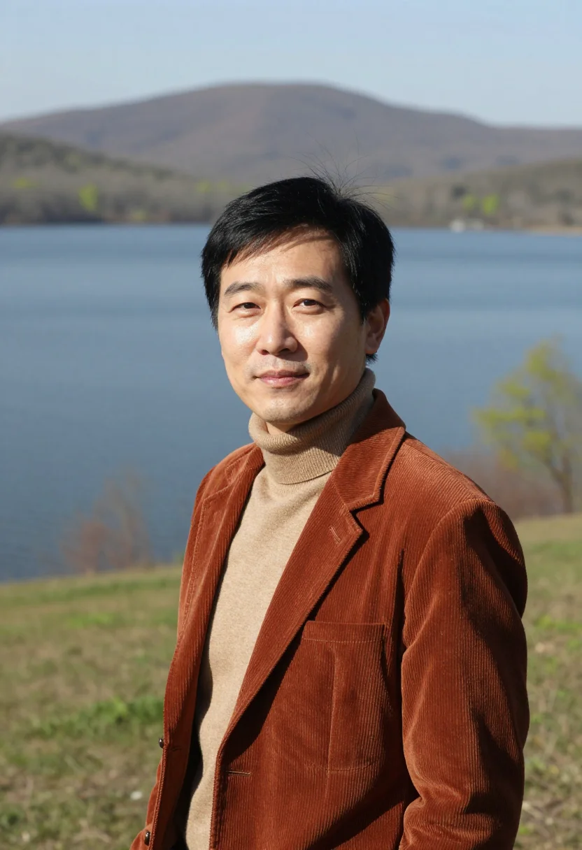 AI carl sagan cornell ithaca may rust corduroy sample — portrait of a man, a Korean-American professor in his mid-fo
