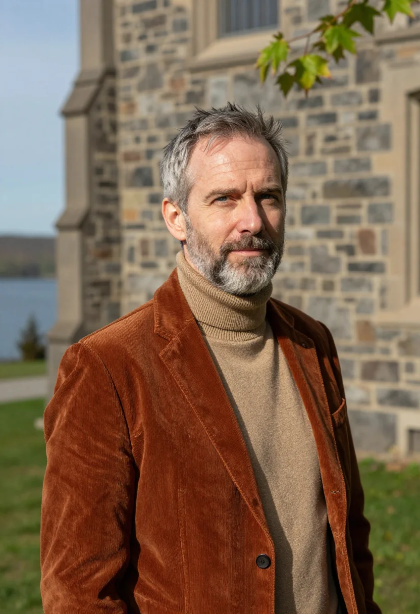 AI carl sagan cornell ithaca may rust corduroy sample — portrait of a man, a Canadian professor in his early fifties