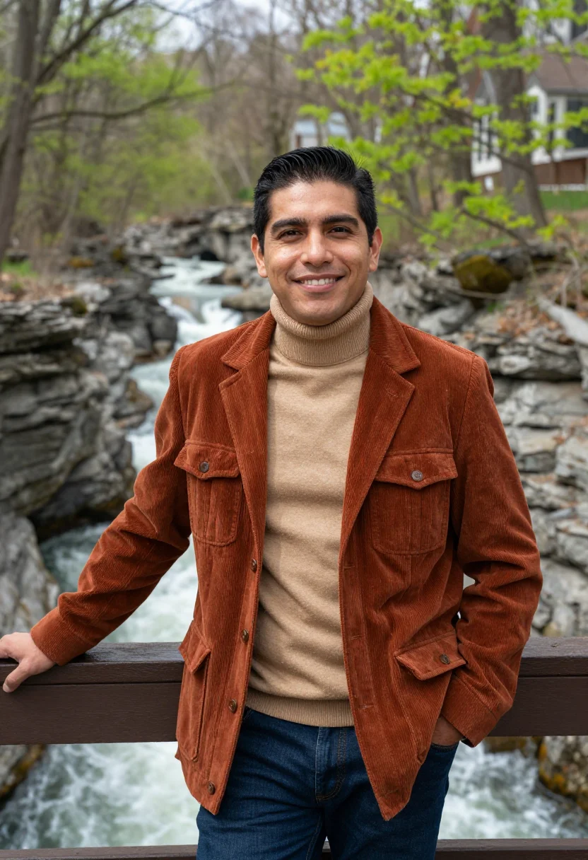 AI carl sagan cornell ithaca may rust corduroy sample — portrait of a man, a Mexican-American professor in his late