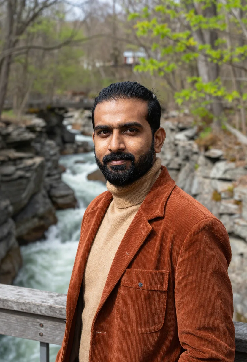 AI carl sagan cornell ithaca may rust corduroy sample — portrait of a man, an Indian-American professor in his early
