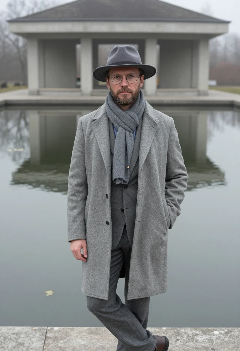 AI carlo scarpa brion january concrete sample — portrait of a man, framed three-quarter length from the head