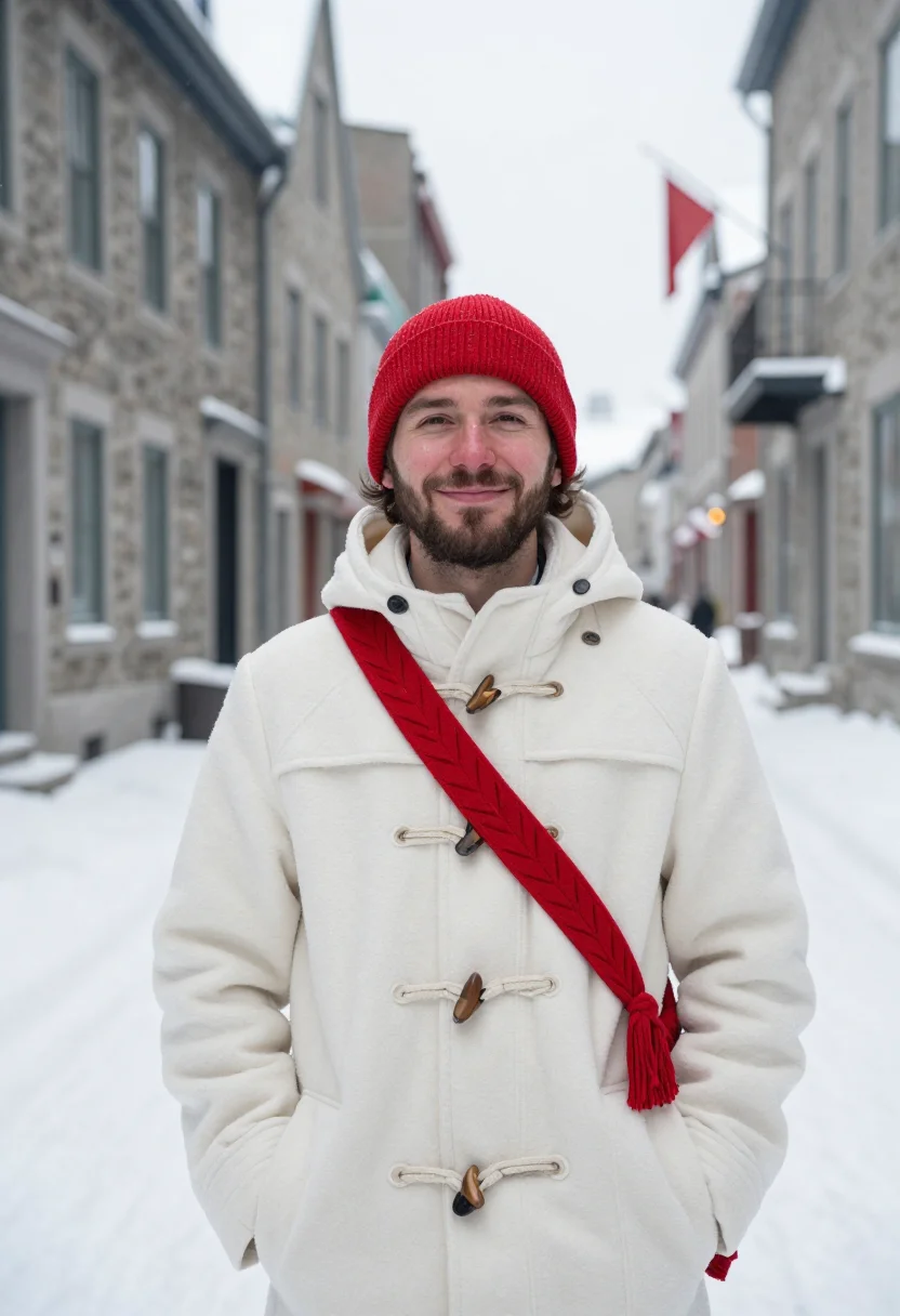 AI carnaval de quebec bonhomme red sash sample — portrait of a man, framed chest-up, the crop at the lower ri