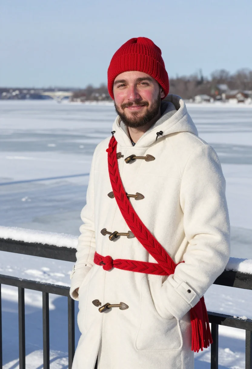 AI carnaval de quebec bonhomme red sash sample — portrait of a man, framed half-length from the waist up, the