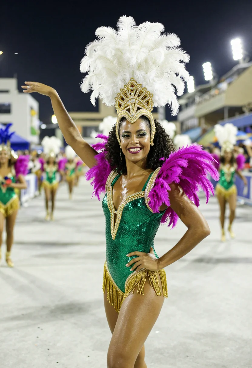 AI carnaval rio sambodromo palette sample — portrait of a woman, framed three-quarter length from the kn