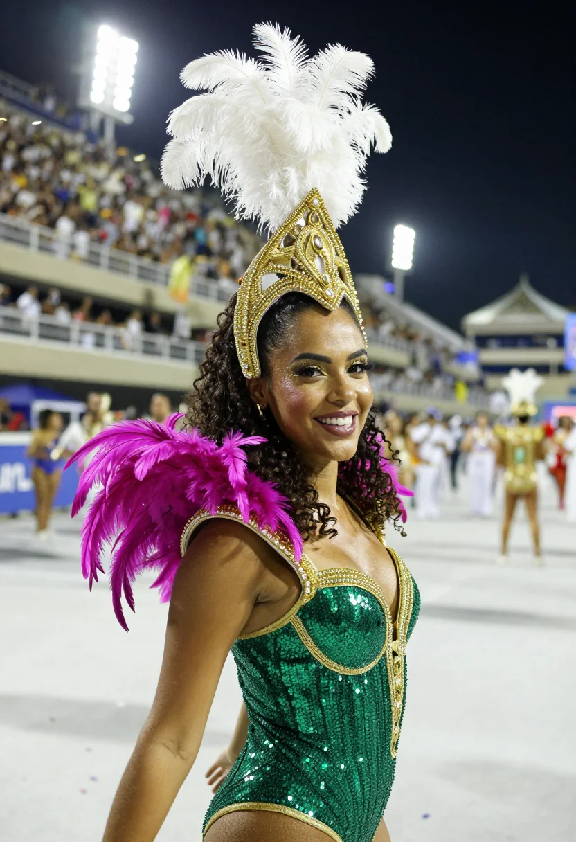 AI carnaval rio sambodromo palette sample — portrait of a woman, framed chest-up, the crop at the lower