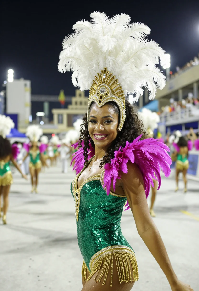 AI carnaval rio sambodromo palette sample — portrait of a woman, framed chest-up, the crop at the lower