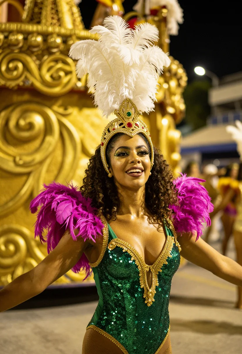 AI carnaval rio sambodromo palette sample — portrait of a woman, framed chest-up, the crop at the lower