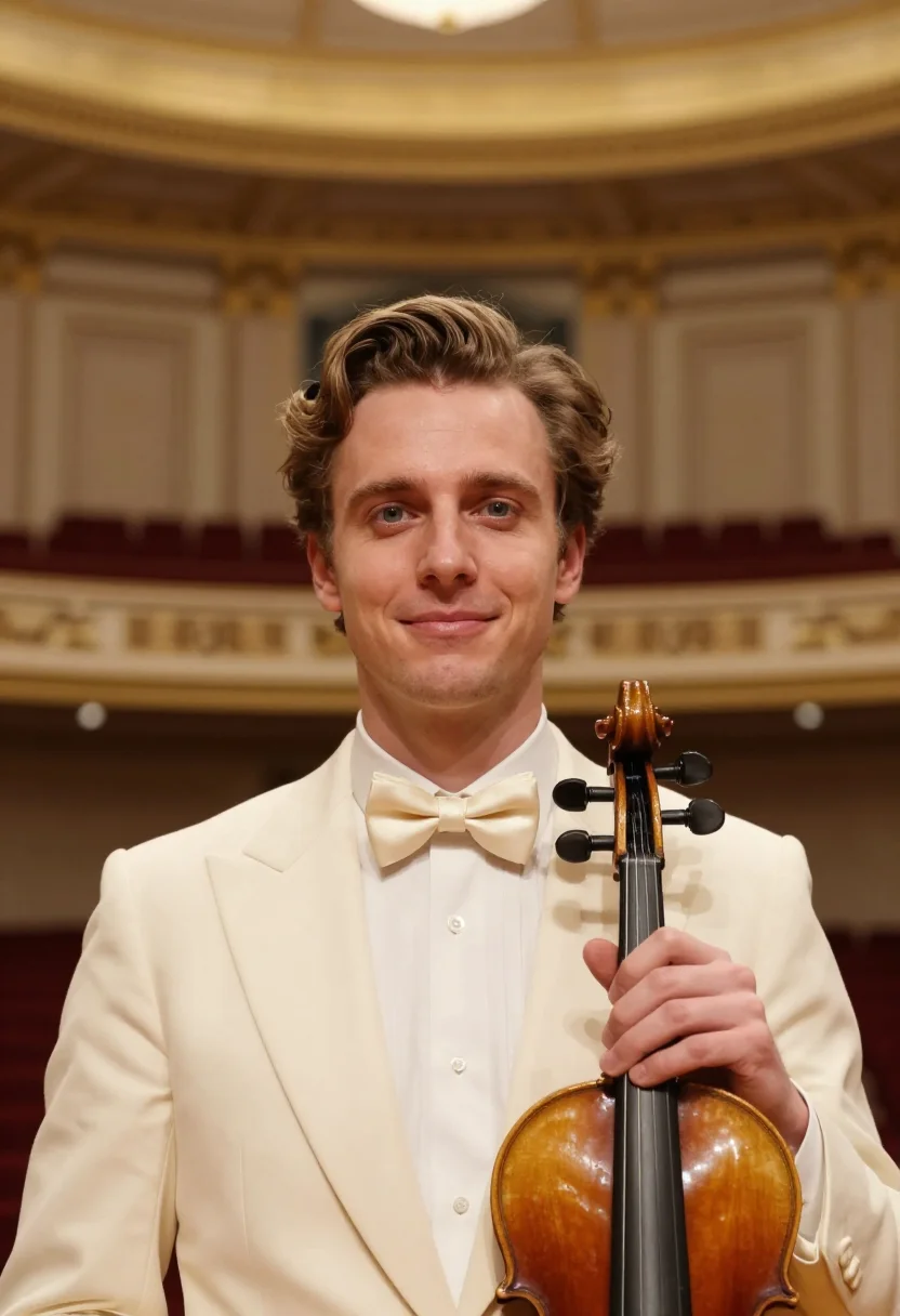 AI carnegie hall violinist ivory sample — portrait of a man, in his late twenties, with fair skin, gre