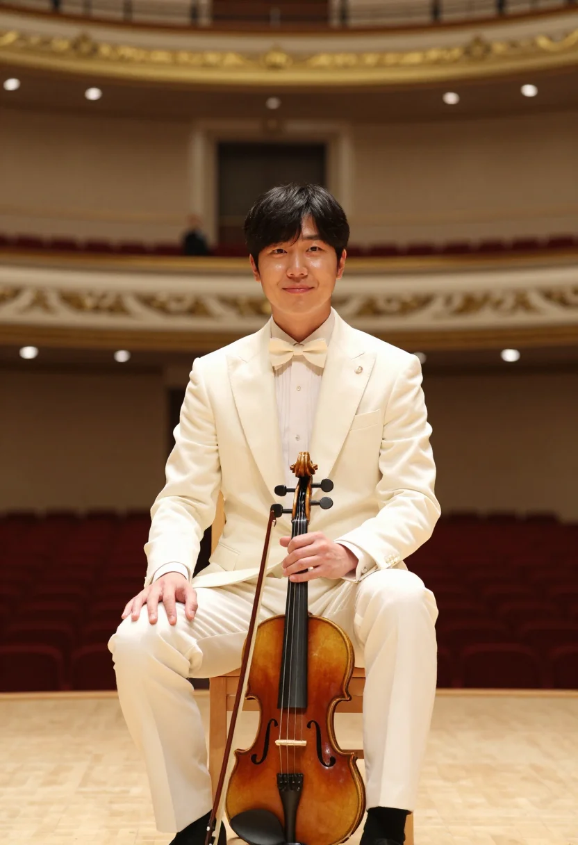 AI carnegie hall violinist ivory sample — portrait of a man, in his early forties, Korean-American, wi