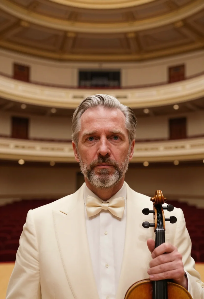 AI carnegie hall violinist ivory sample — portrait of a man, in his mid-fifties, with fair ruddy skin,