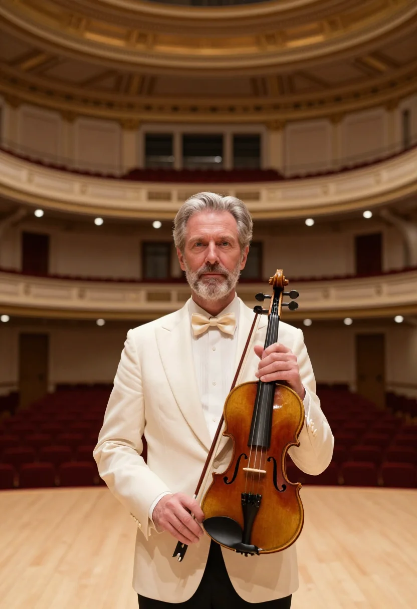 AI carnegie hall violinist ivory sample — portrait of a man, in his mid-fifties, with fair ruddy skin,