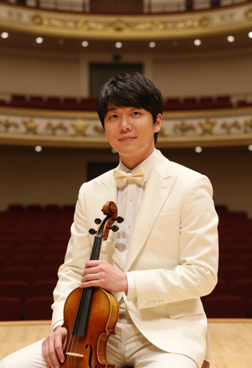 AI carnegie hall violinist ivory sample — portrait of a man, in his early forties, Korean-American, wi