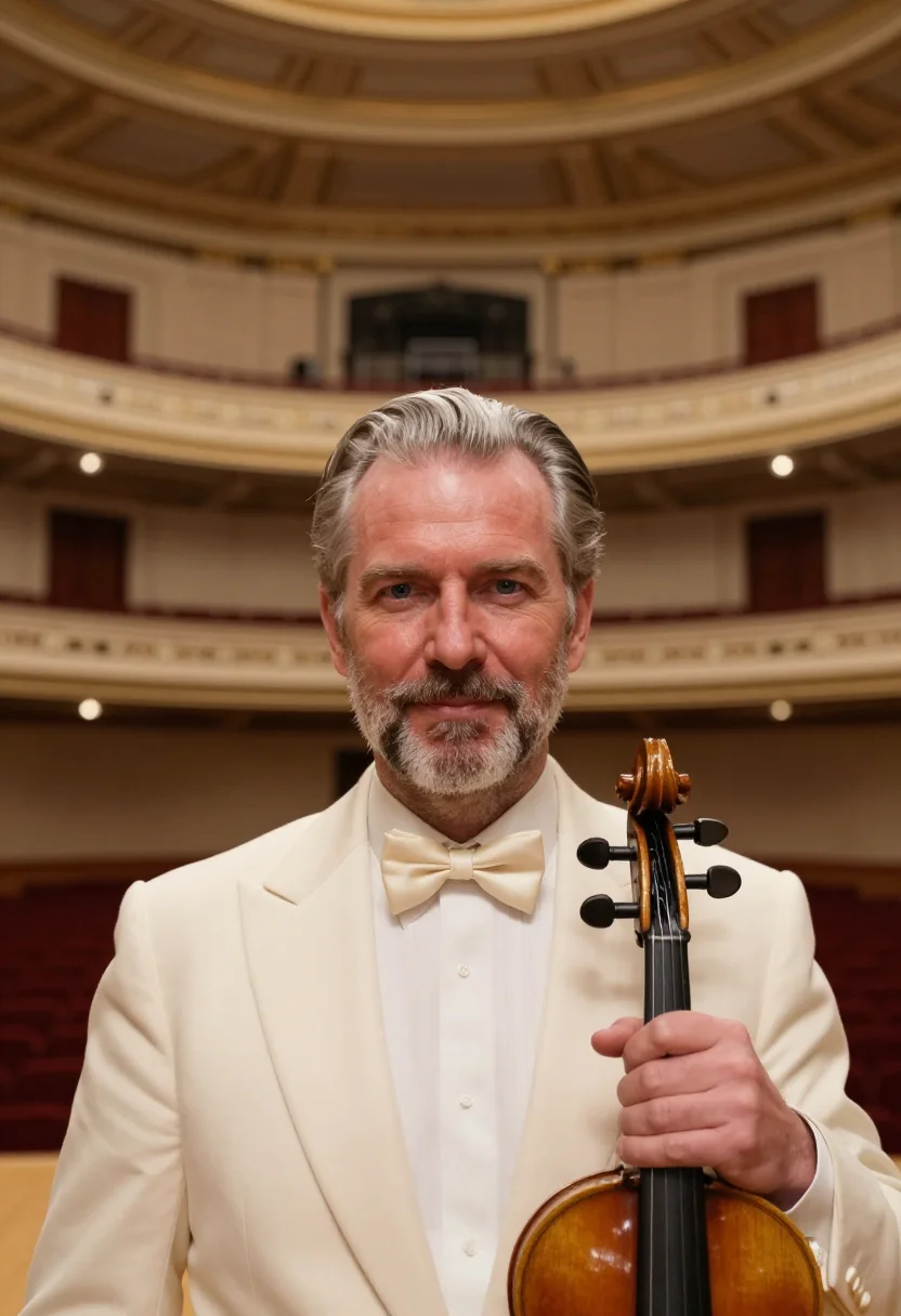 AI carnegie hall violinist ivory sample — portrait of a man, in his mid-fifties, with fair ruddy skin,