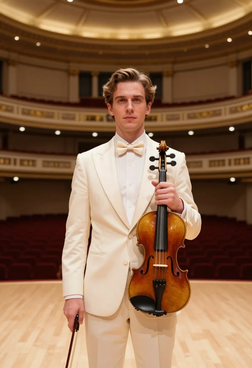 AI carnegie hall violinist ivory sample — portrait of a man, in his late twenties, with fair skin, gre