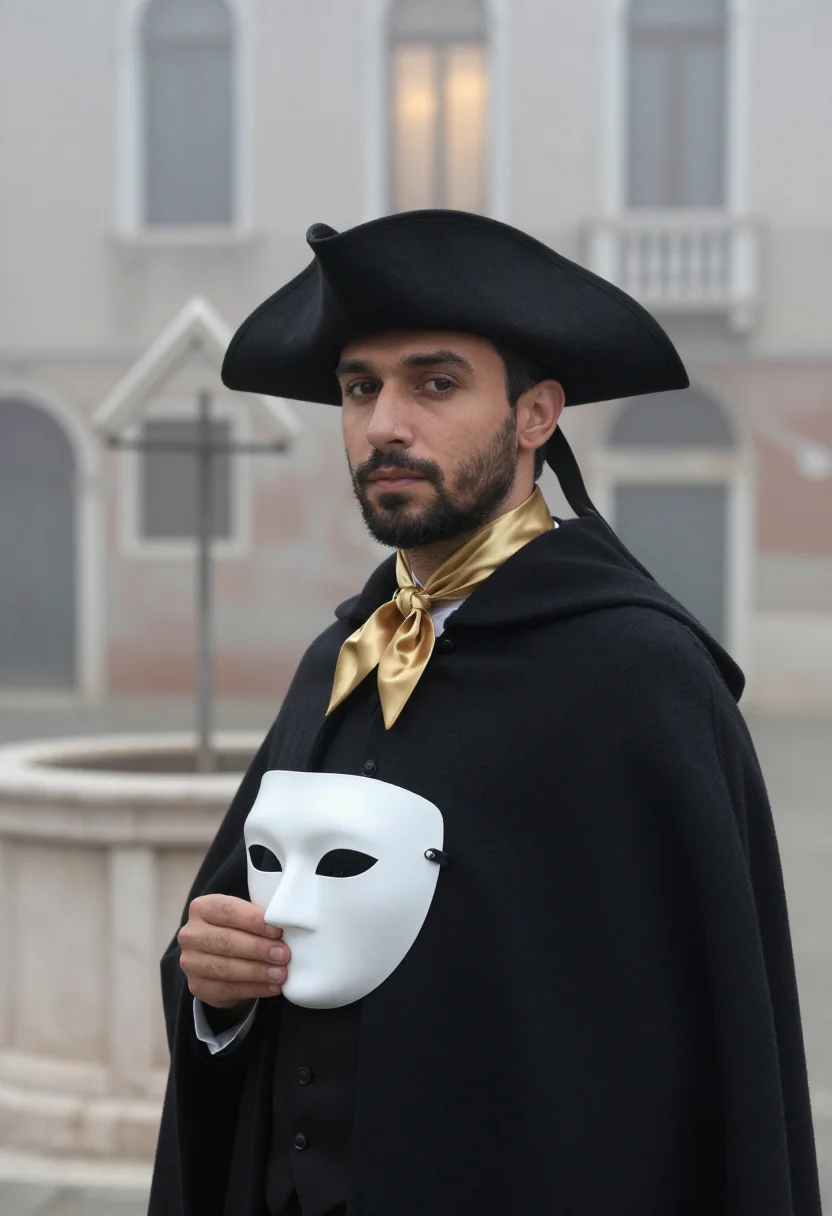 AI carnevale bauta tabarro fog sample — portrait of a man, framed chest-up from the ribs with the bo