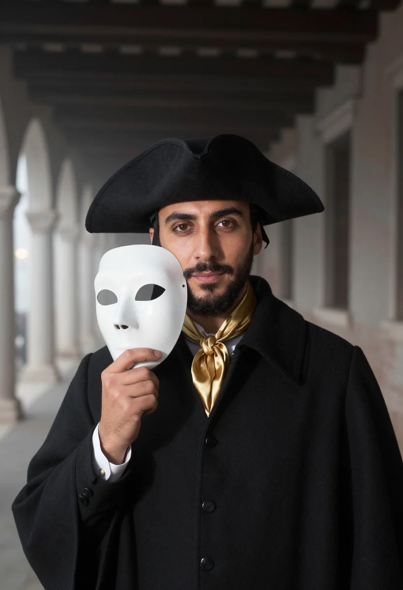 AI carnevale bauta tabarro fog sample — portrait of a man, framed tight, head and shoulders, the bod