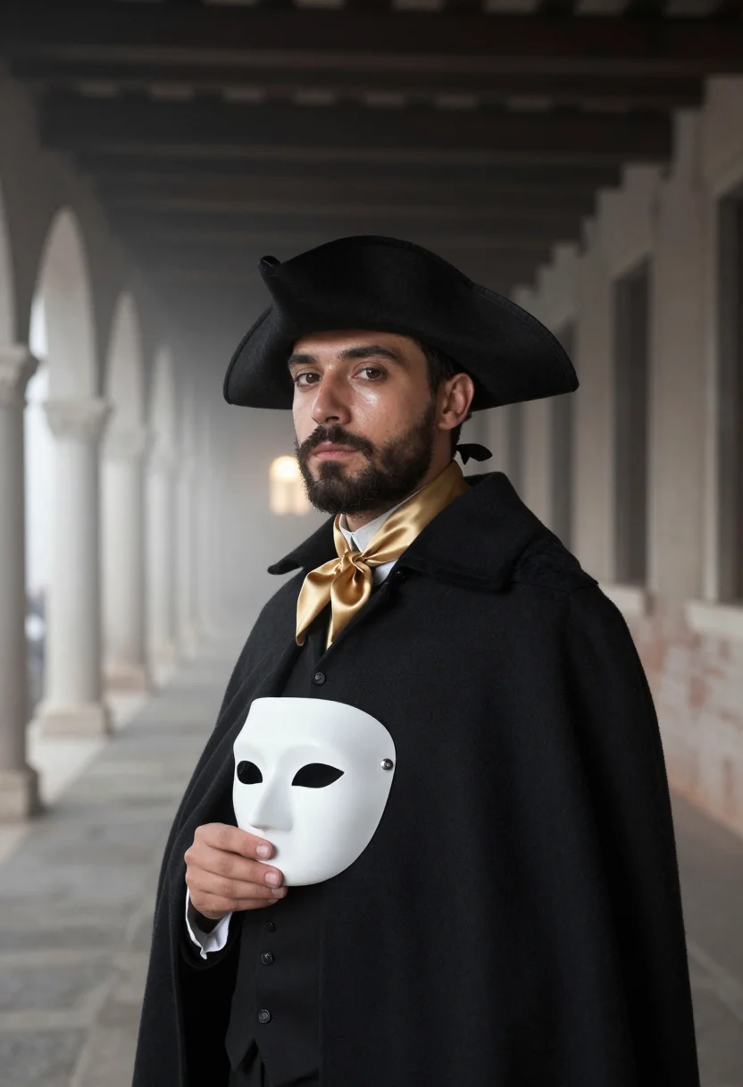 AI carnevale bauta tabarro fog sample — portrait of a man, framed chest-up from the ribs with the bo