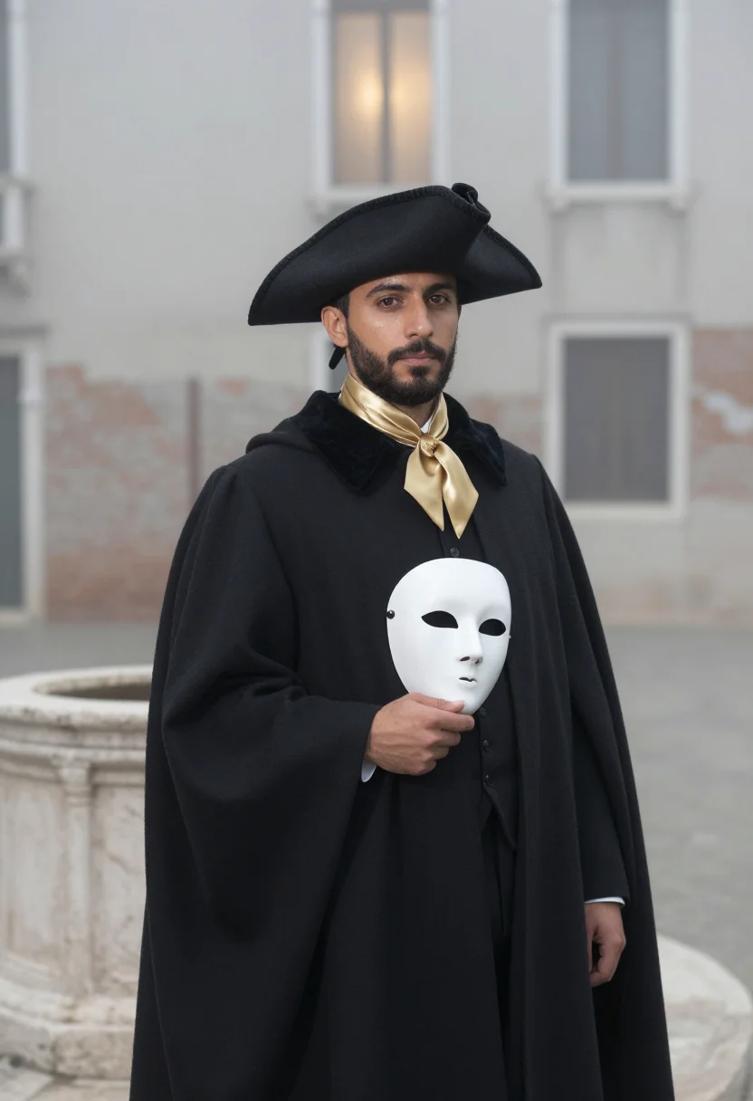 AI carnevale bauta tabarro fog sample — portrait of a man, framed three-quarter length from mid-thig
