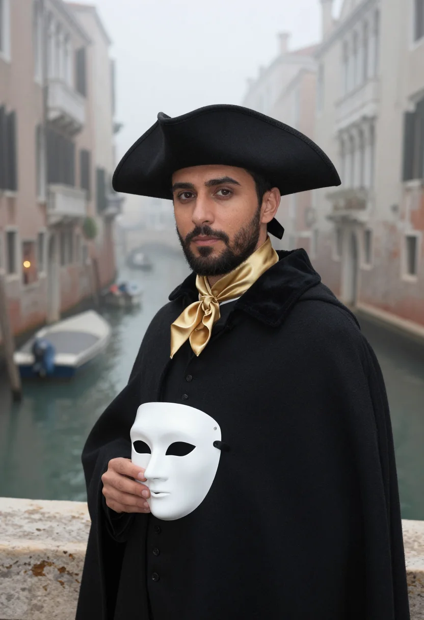 AI carnevale bauta tabarro fog sample — portrait of a man, framed tight, head and shoulders, the bod