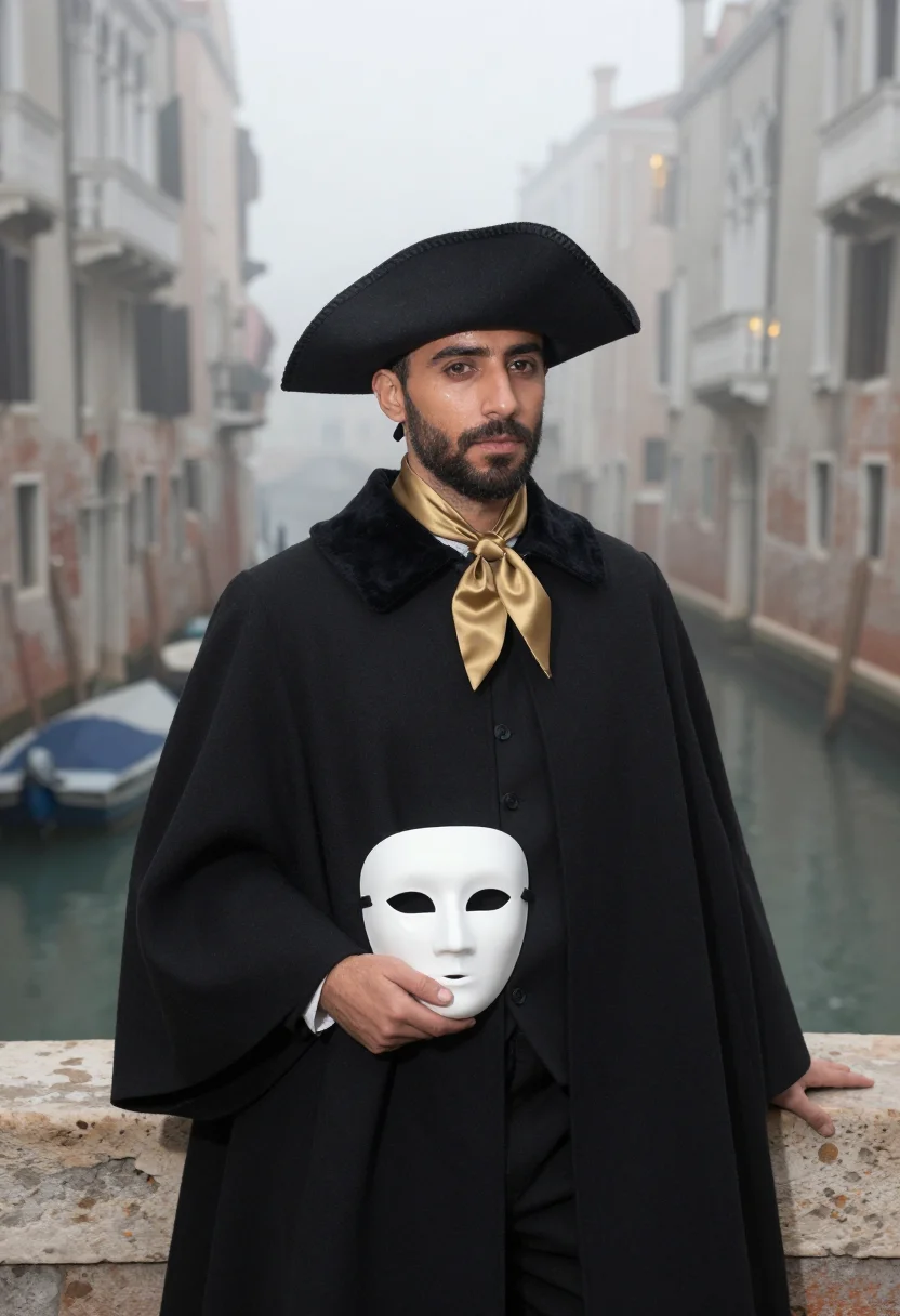 AI carnevale bauta tabarro fog sample — portrait of a man, framed half-length from the waist up with