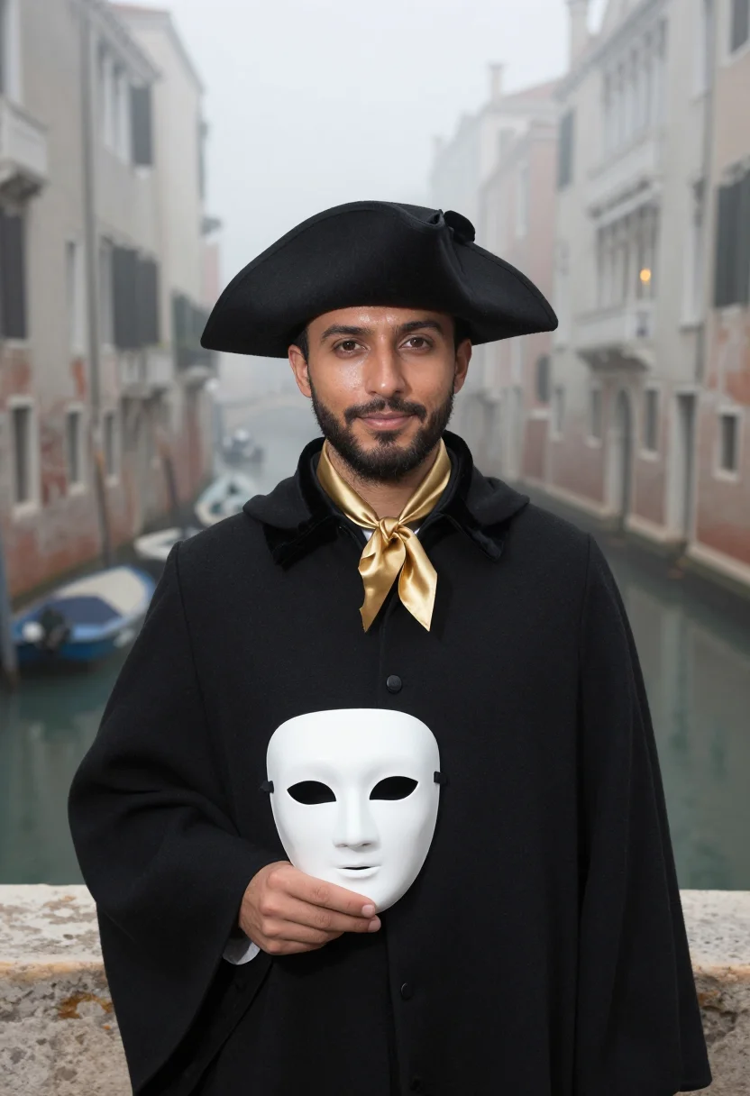 AI carnevale bauta tabarro fog sample — portrait of a man, framed chest-up from the ribs with the bo