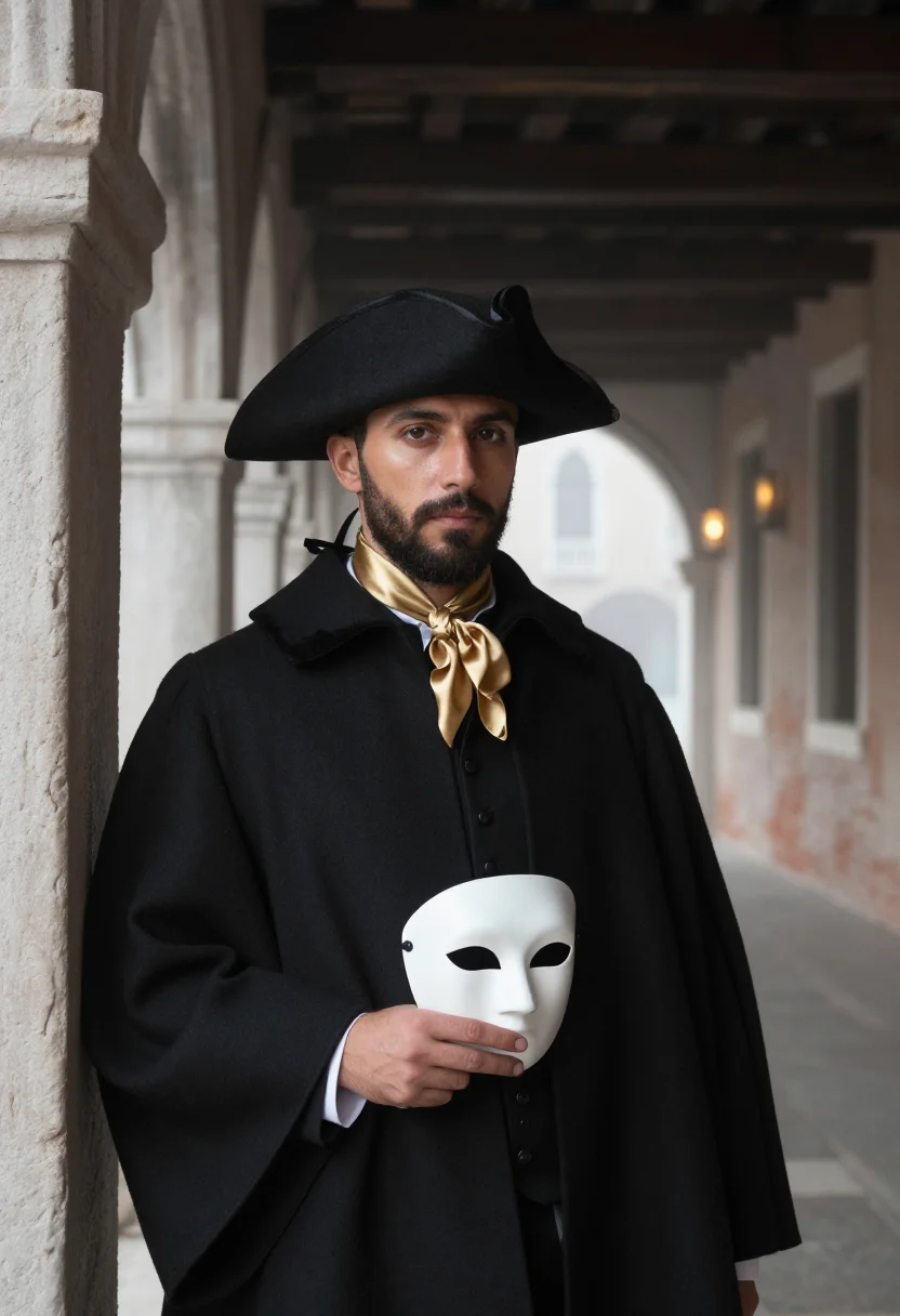 AI carnevale bauta tabarro fog sample — portrait of a man, framed half-length from the waist up with
