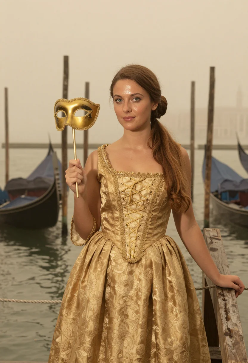 AI carnevale colombina gold fog sample — portrait of a woman, framed half-length from the waist up wi