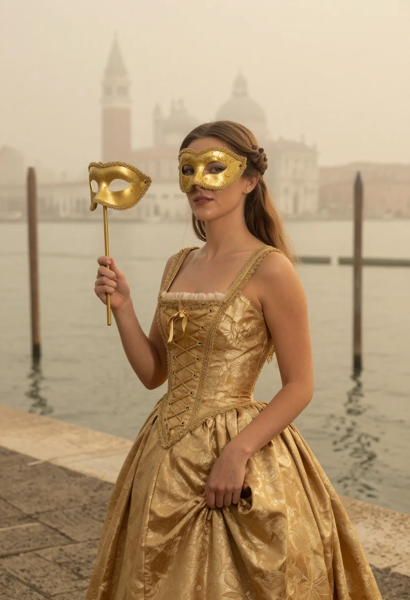 AI carnevale colombina gold fog sample — portrait of a woman, framed half-length from the waist up wi
